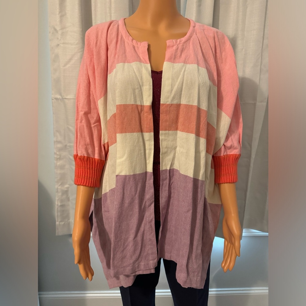 Cool Hei Hei one size pink white purple stripe 3/4 sleeve open front shirt NWT